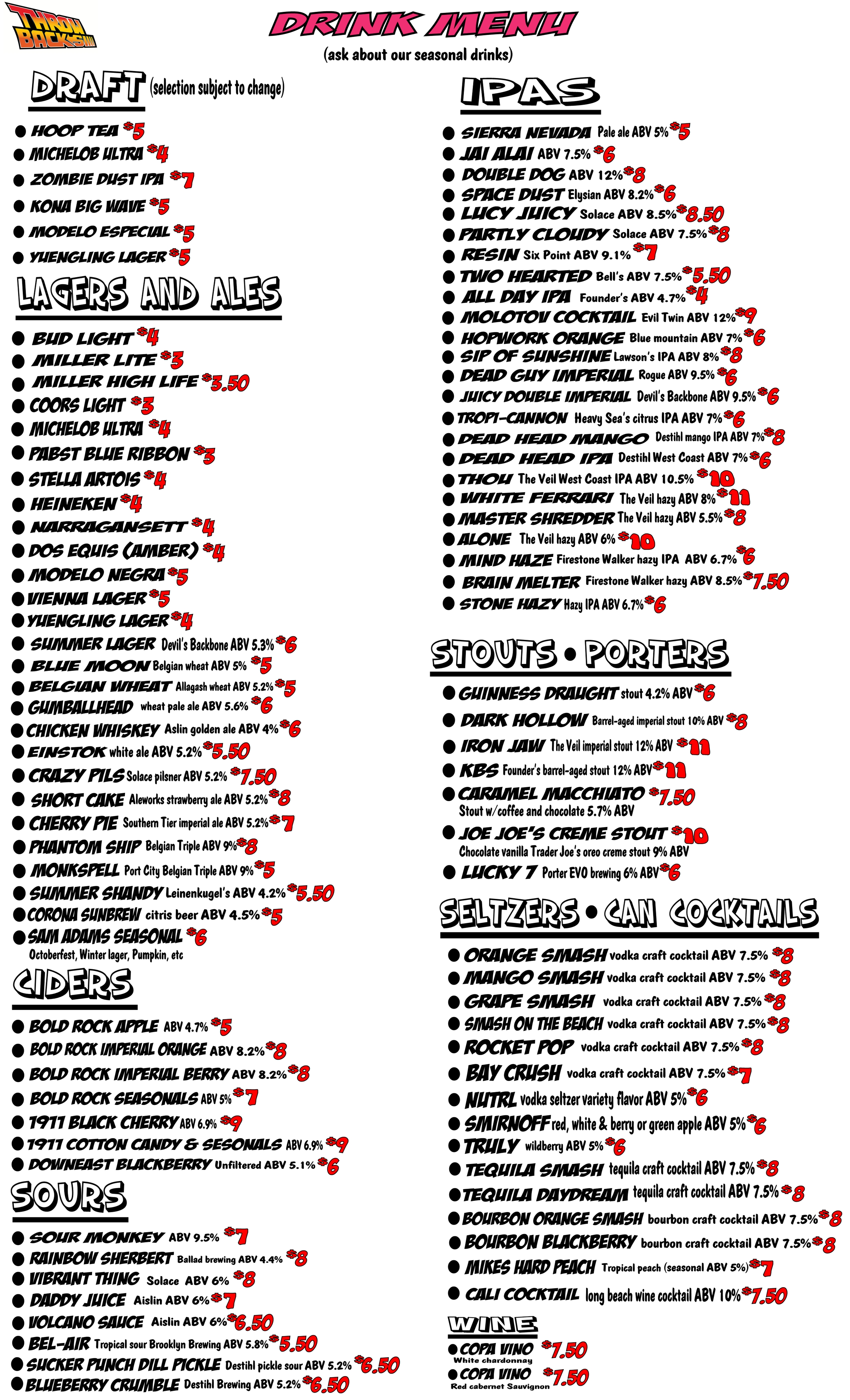 Throwbacks Arcade Drink Menu