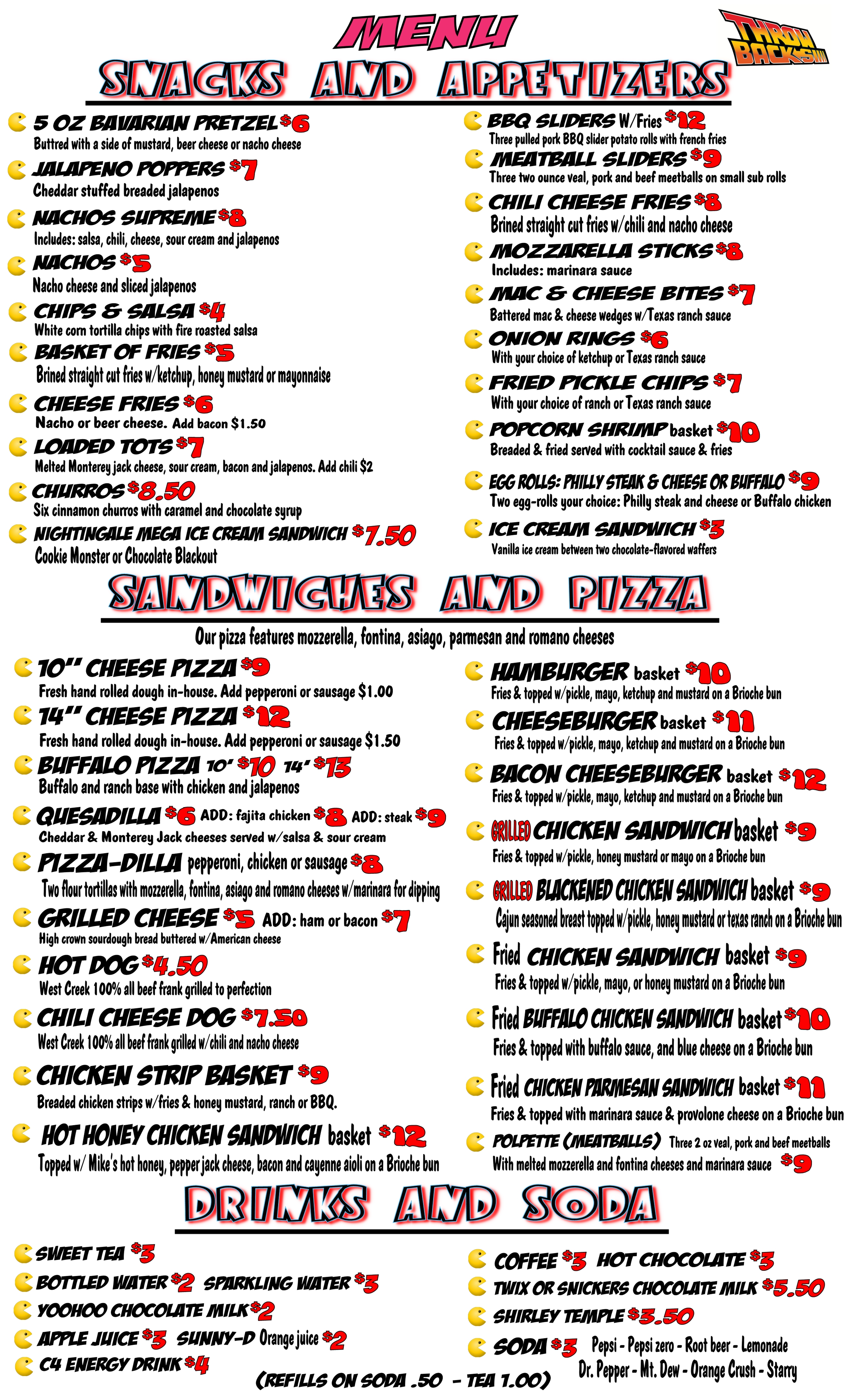Throwbacks Arcade Food Menu